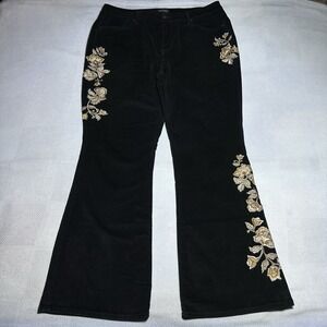 Driftwood Wyatt Flare Corduroy Pants Size 16x32 Black Embroidered Floral Pattern